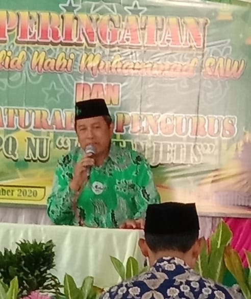 H.Suyanto, ketua MWC NU Jetis- saat menyampaikan sambutan pada acara Maulid Nabi Muhammad SAW Kortan TPQ Jetis