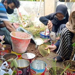 Anggota IPNU-IPPNU Ranting Babadan sibuk menyemai berbagai tanaman obat di kaleng-kaleng bekas